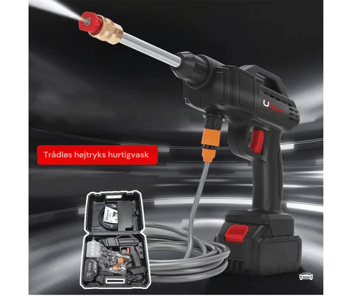 Complete portable power washer kit: 348 PSI cordless cleaner, rechargeable battery, case for versatile outdoor use.