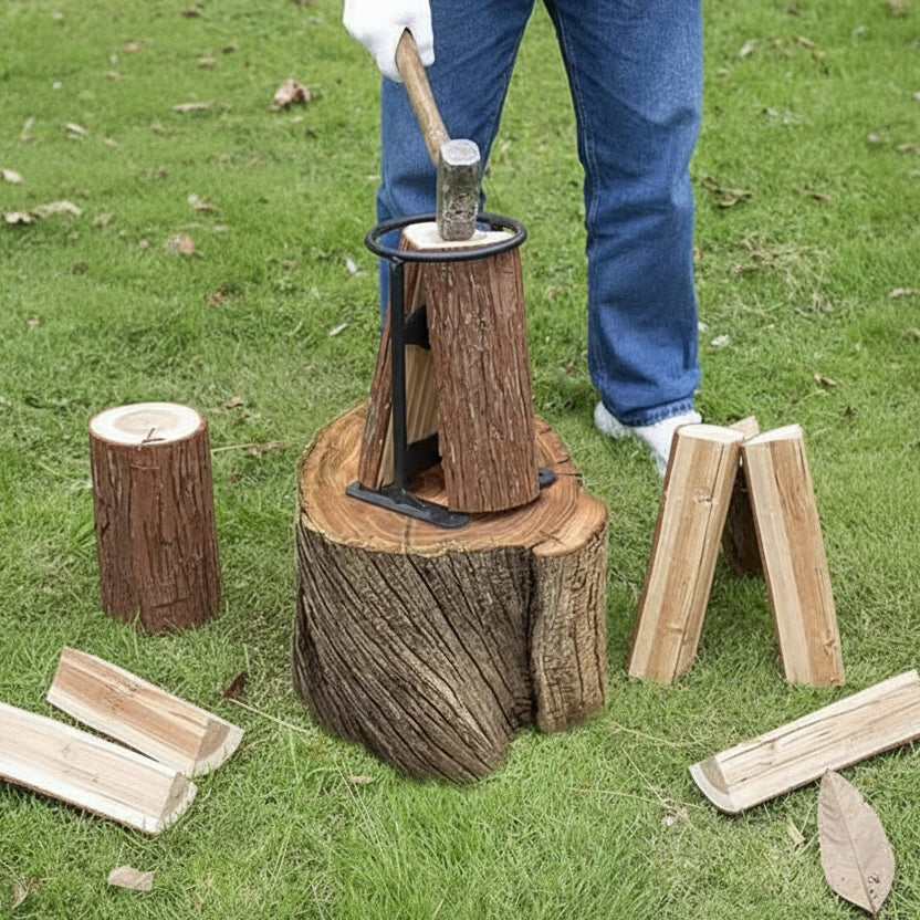Durable portable manual log splitter for efficient firewood preparation, camping, and outdoor use. Wood splitting tool.