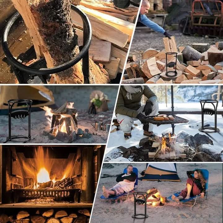Outdoor manual log splitter for firewood. Portable tool for splitting wood, kindling prep for fireplace and camping.