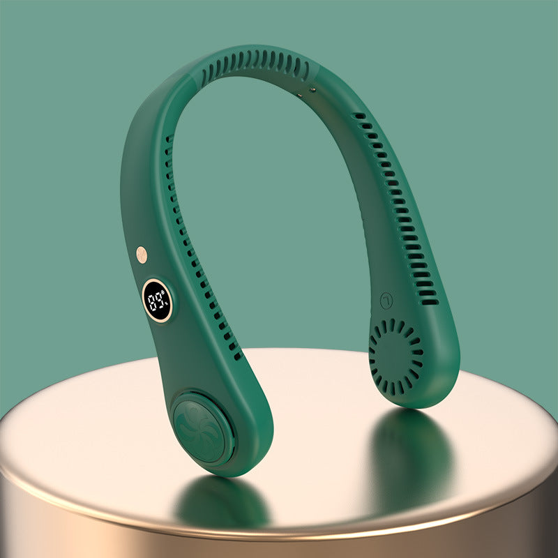 Unisex hands-free portable neck fan for personal cooling; rechargeable travel essential for summer outdoor activities.