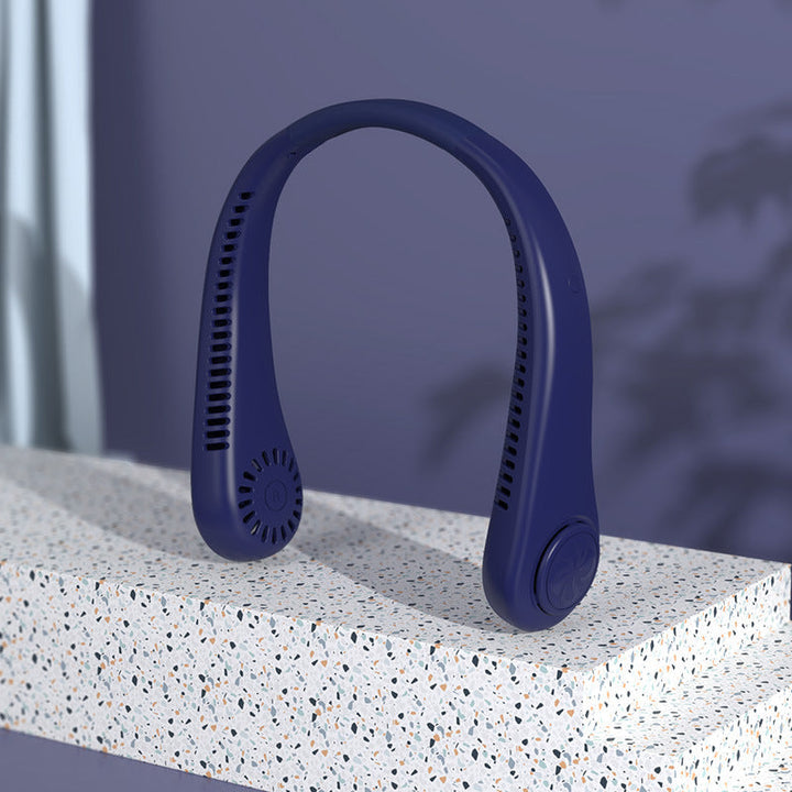Compact portable neck fan provides instant personal cooling; a hands-free summer essential for ultimate comfort.