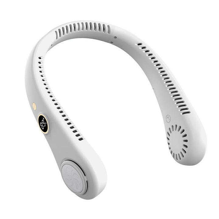Innovative hands-free neck fan, a portable cooling device designed for comfort during hot summer days.