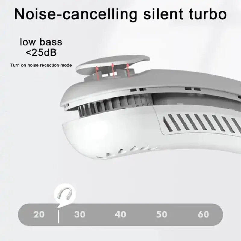 Wearable neck fan offers hands-free 360° cooling. Ideal for exercise, travel, and staying cool in summer heat.