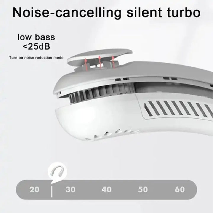 Wearable neck fan offers hands-free 360° cooling. Ideal for exercise, travel, and staying cool in summer heat.