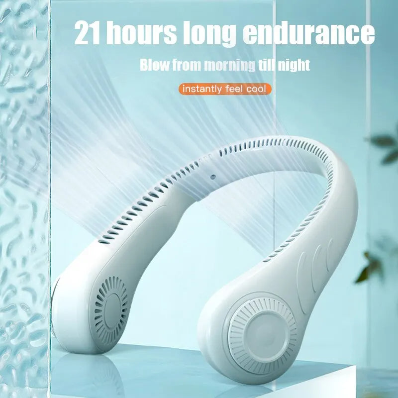 Compact, rechargeable neck fan for personal 360° cooling. Hands-free design, perfect for on-the-go relief.
