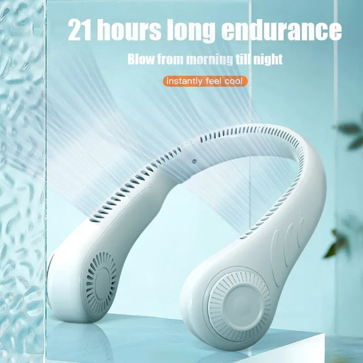 Compact, rechargeable neck fan for personal 360° cooling. Hands-free design, perfect for on-the-go relief.