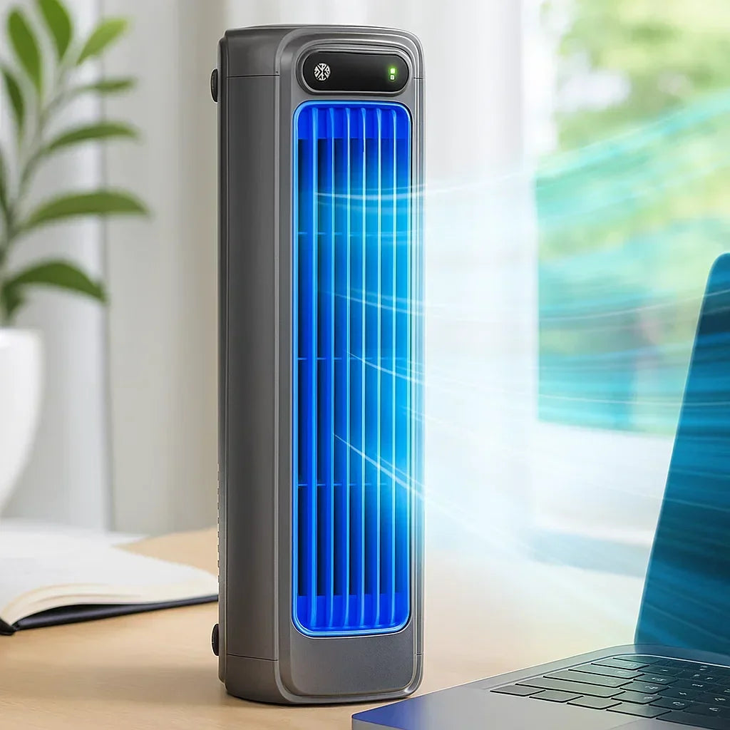 Gray portable rechargeable air cooler fan for home comfort.