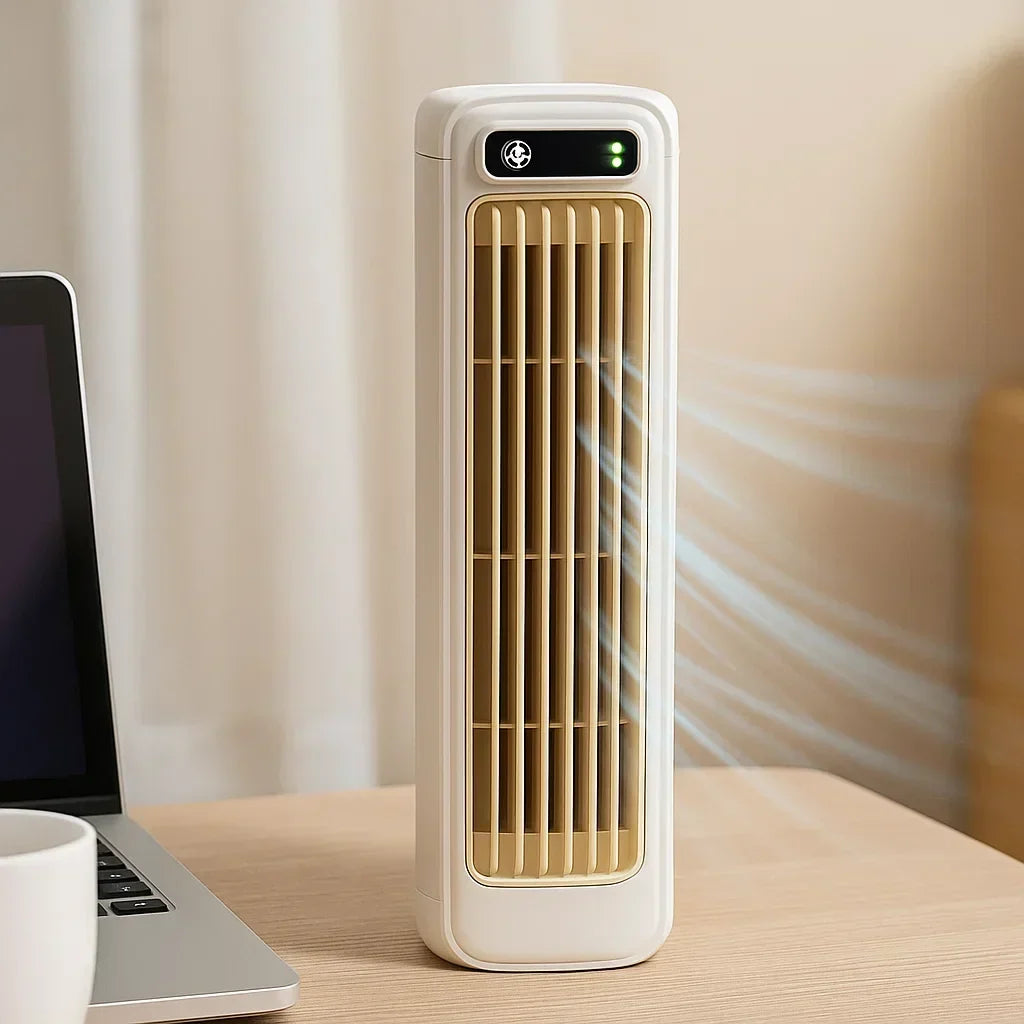 Beige portable rechargeable desk fan, personal cooling solution.
