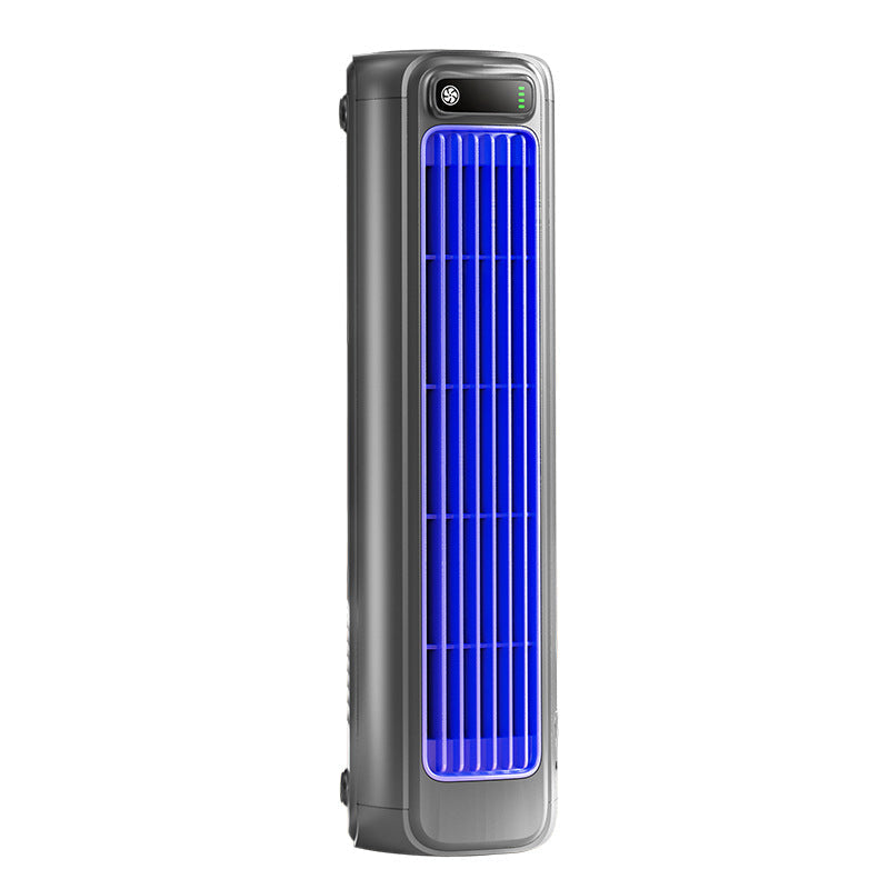 Gray portable rechargeable personal fan, ideal for office or bedroom.