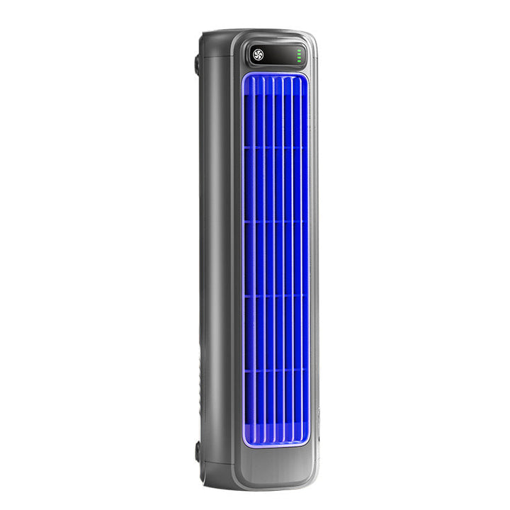Gray portable rechargeable personal fan, ideal for office or bedroom.