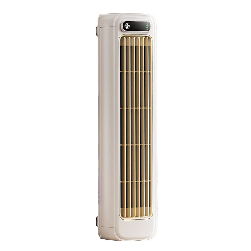 Beige portable air cooler fan, rechargeable & compact for home use.