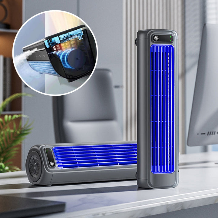 Compact gray rechargeable air cooler, perfect portable fan for any room.