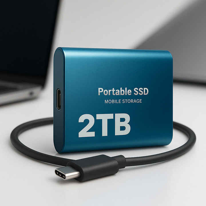 Ultra-fast portable SSD, 2TB external drive for high-speed data transfer & backup via USB-C.