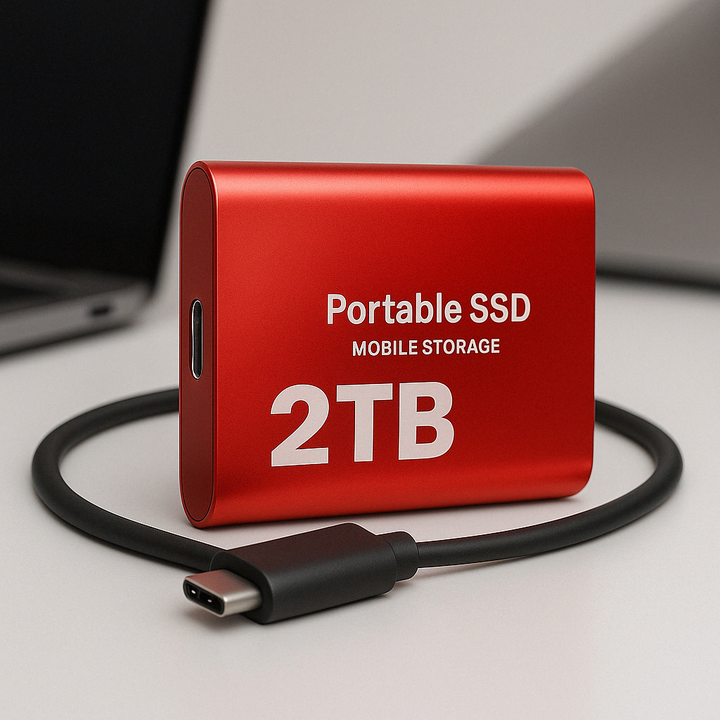 Sleek compact 2TB portable SSD, ideal external storage solution for fast data backup & digital files.