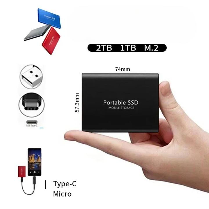 High-speed 2TB external SSD with USB-C for portable digital storage, quick file transfer & backup.