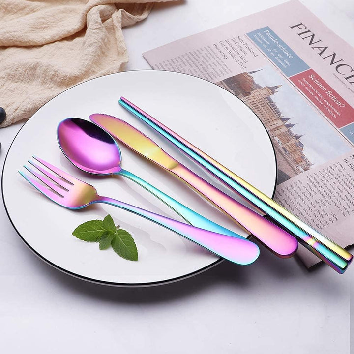 Portable camping cutlery set in stainless steel, designed for durability & easy transport.
