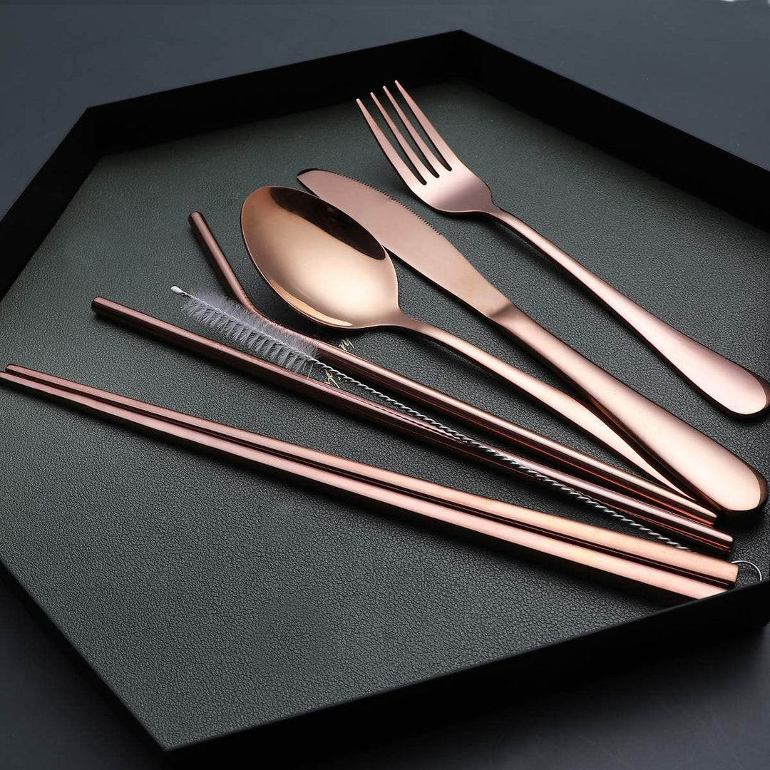 Unisex travel eating utensils, complete with fork, spoon, knife, & a convenient carrying case.
