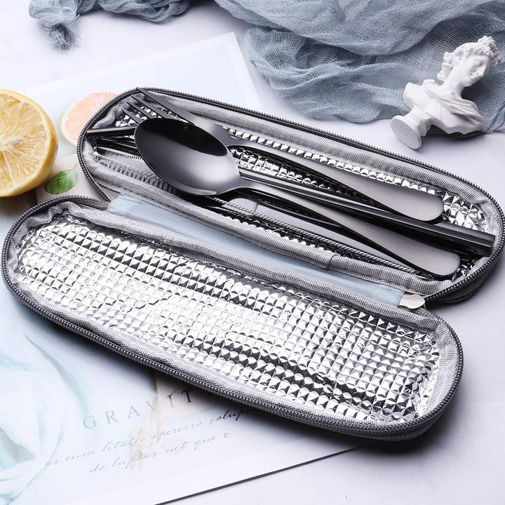 Sleek design stainless steel portable cutlery with its own protective travel case.