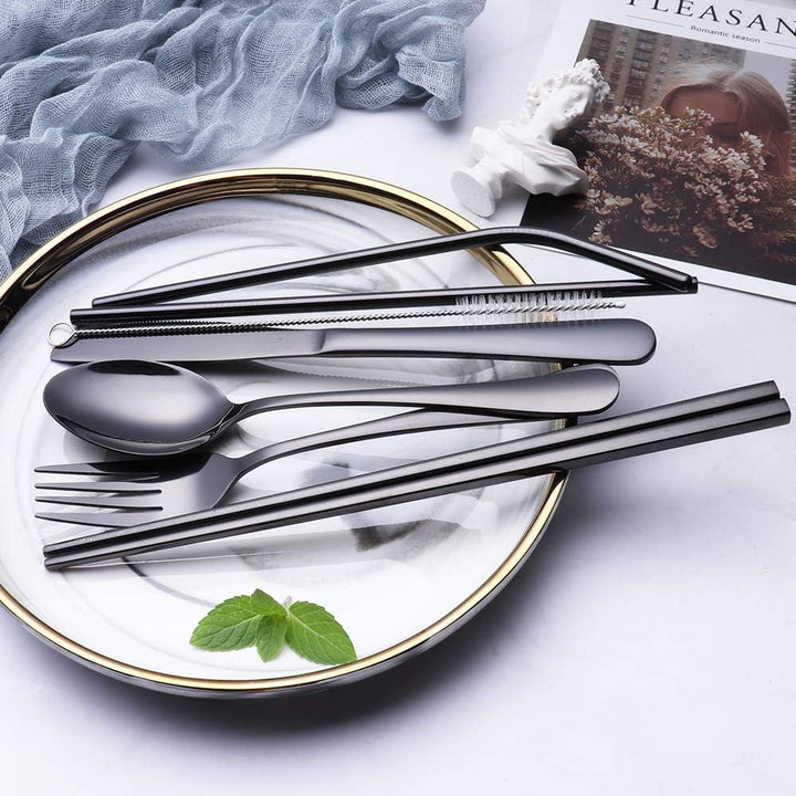 Compact stainless steel travel utensil set, essential for a waste-free, on-the-go lifestyle.