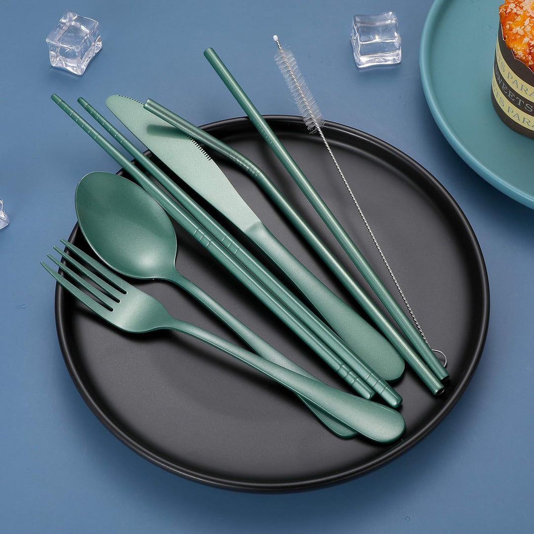 Portable picnic cutlery set, made from high-grade stainless steel with a convenient case.
