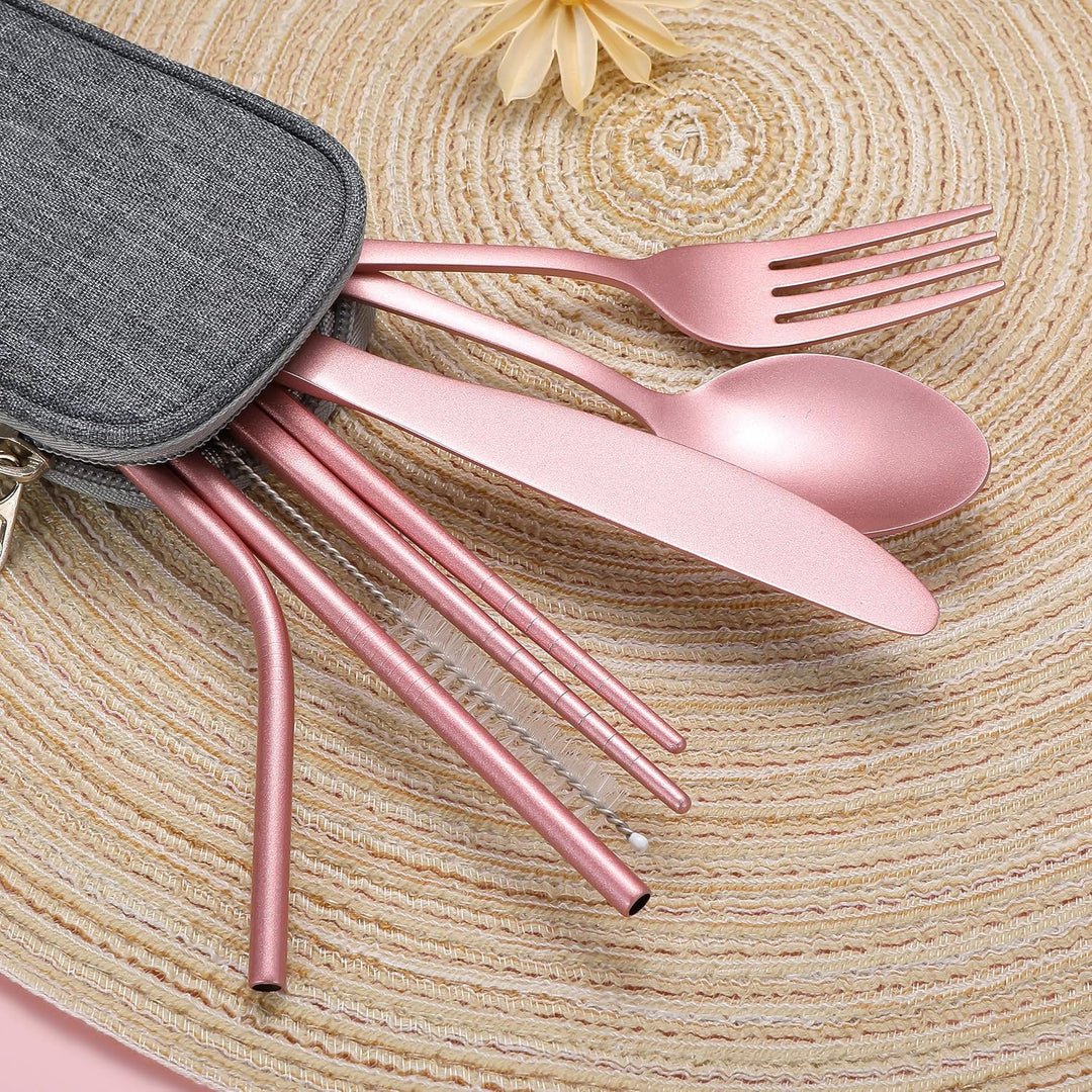 Travel-friendly stainless steel eating set, perfect for school lunches and office meals.