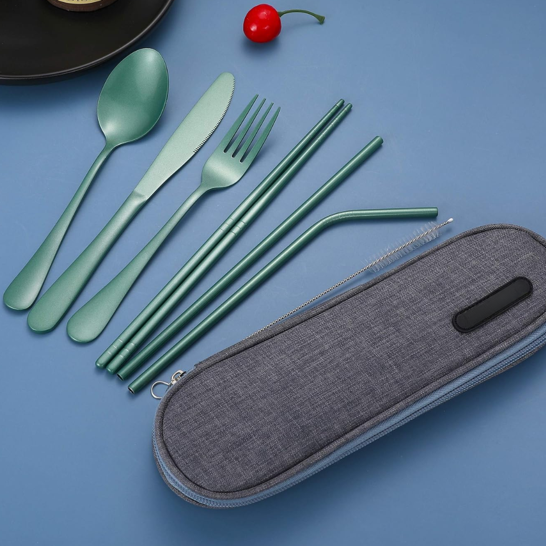 Modern eco-friendly portable cutlery kit for conscious travelers & daily commuters.
