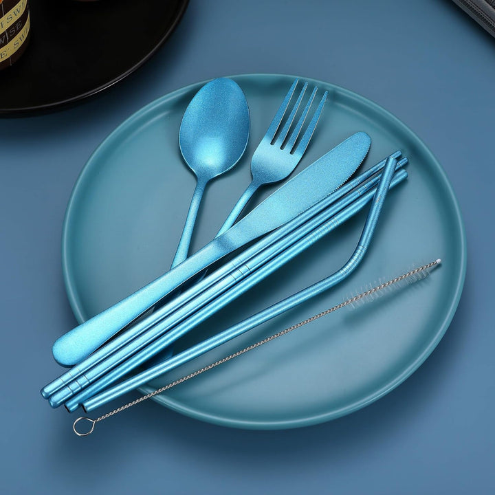 Portable travel flatware set with a colorful protective case, great for sustainable living.