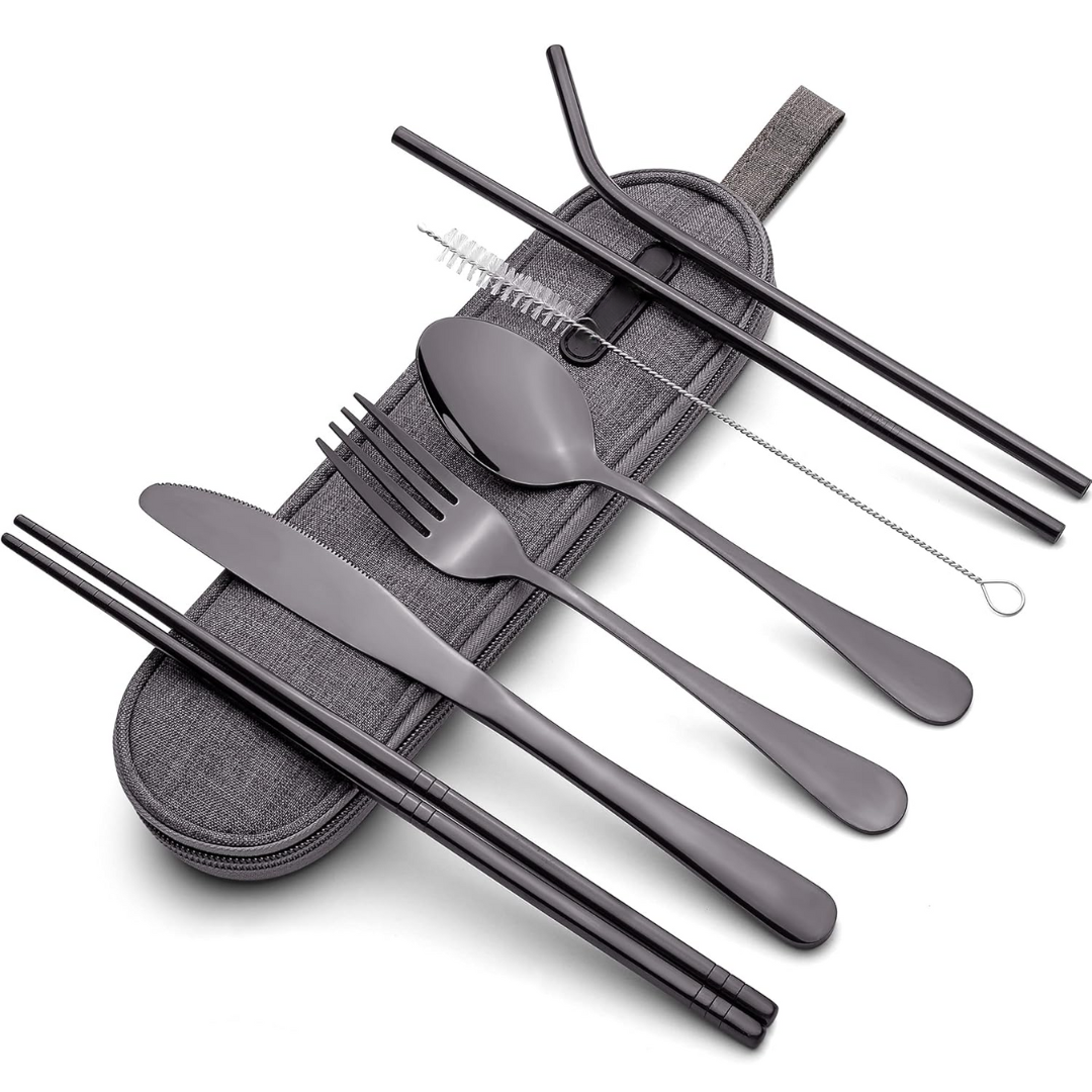 Unisex portable stainless steel cutlery set with case for travel, camping & daily lunches.