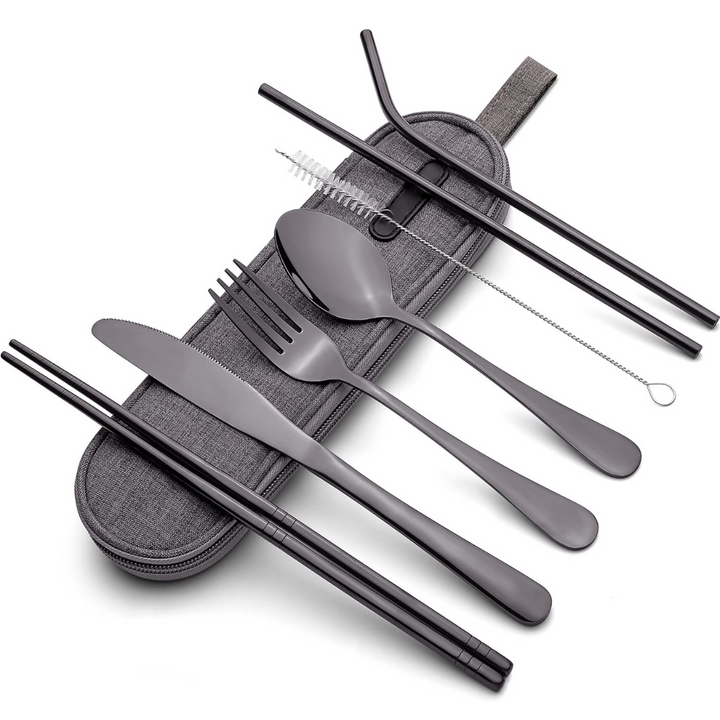 Unisex portable stainless steel cutlery set with case for travel, camping & daily lunches.