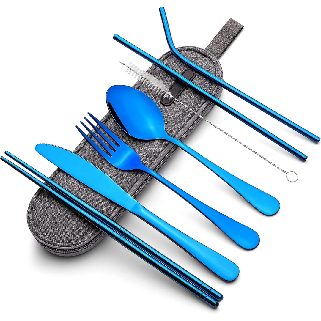 Modern reusable travel cutlery set, including fork, spoon, knife, & compact storage case.