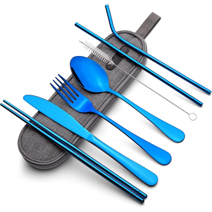 Modern reusable travel cutlery set, including fork, spoon, knife, & compact storage case.