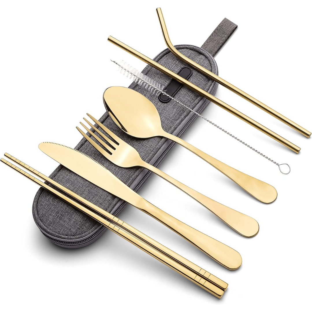 High-quality stainless steel portable cutlery with a secure case, essential for outdoor dining.