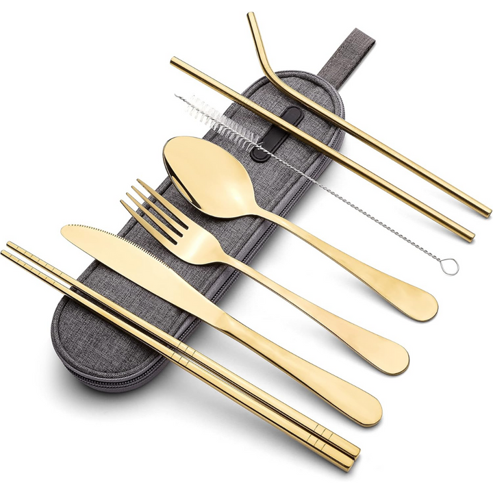 High-quality stainless steel portable cutlery with a secure case, essential for outdoor dining.