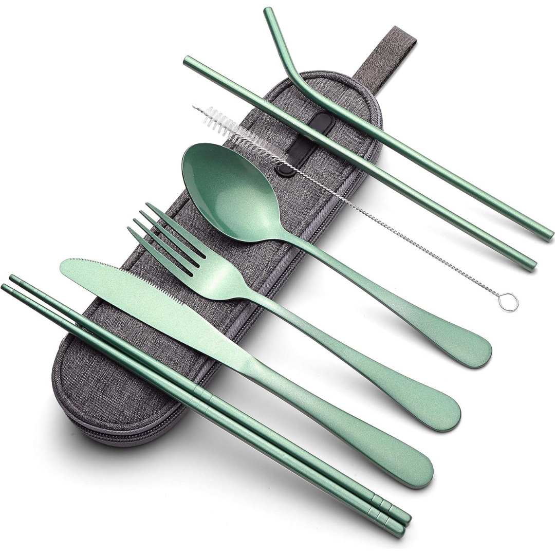 Stylish portable utensil set in various case colors, ideal for work, school, or travel trips.