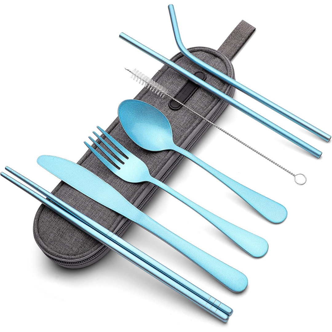 Eco-conscious stainless steel flatware set, ideal for reducing waste during travel & picnics.