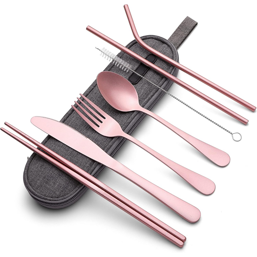Unisex stainless steel flatware set with protective travel case, great for on-the-go eating.