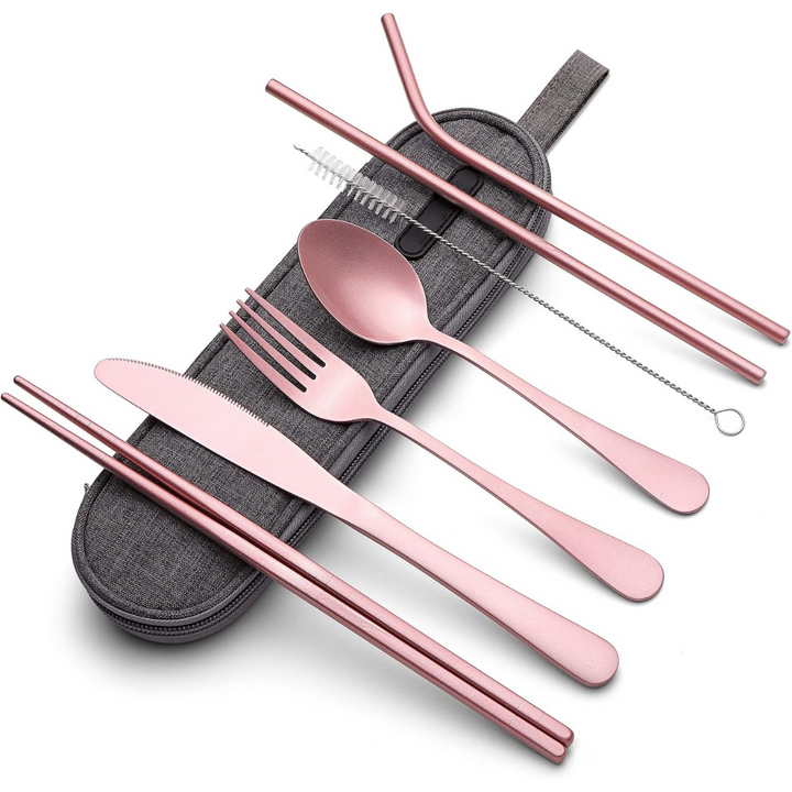 Unisex stainless steel flatware set with protective travel case, great for on-the-go eating.