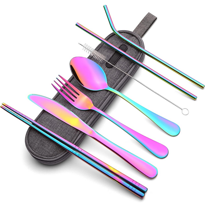 Compact eco-friendly travel silverware set with carrying case, perfect for adventurers.