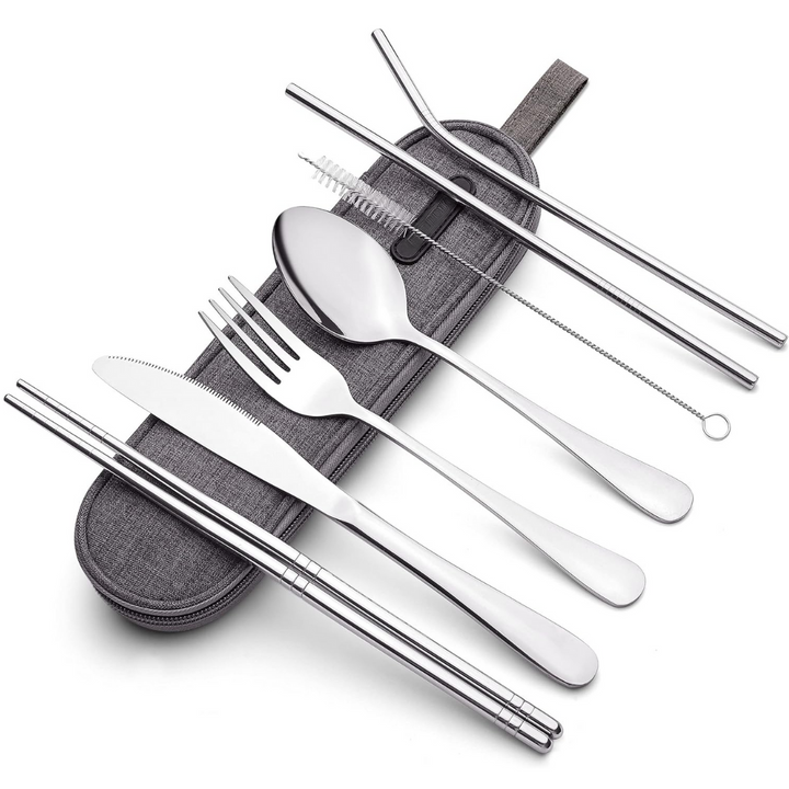 Durable reusable travel utensil set: fork, spoon, knife in a compact eco-friendly lunch kit.