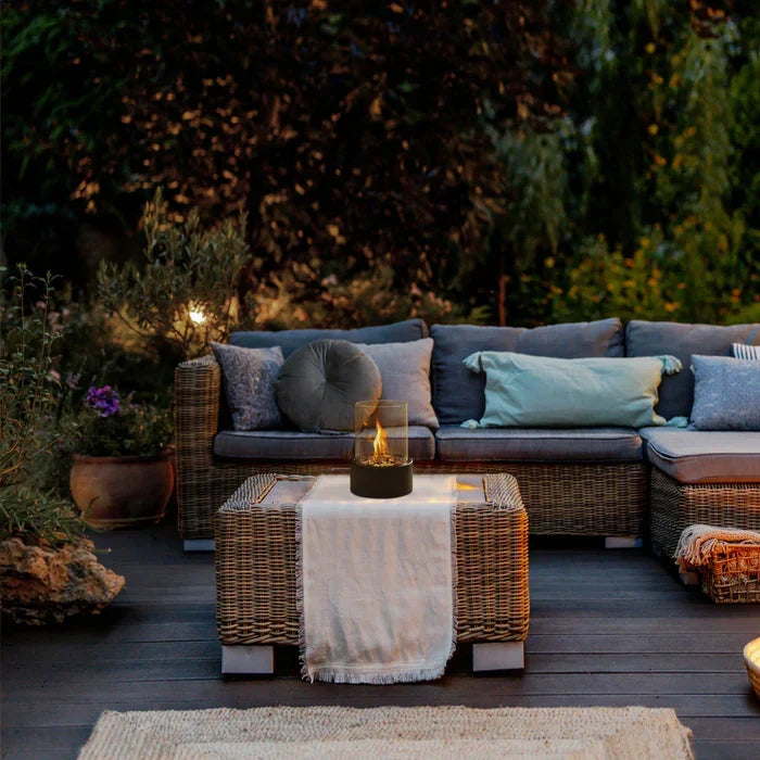 Modern portable fire pit table lantern, ideal for patio heater ambiance & outdoor decor.