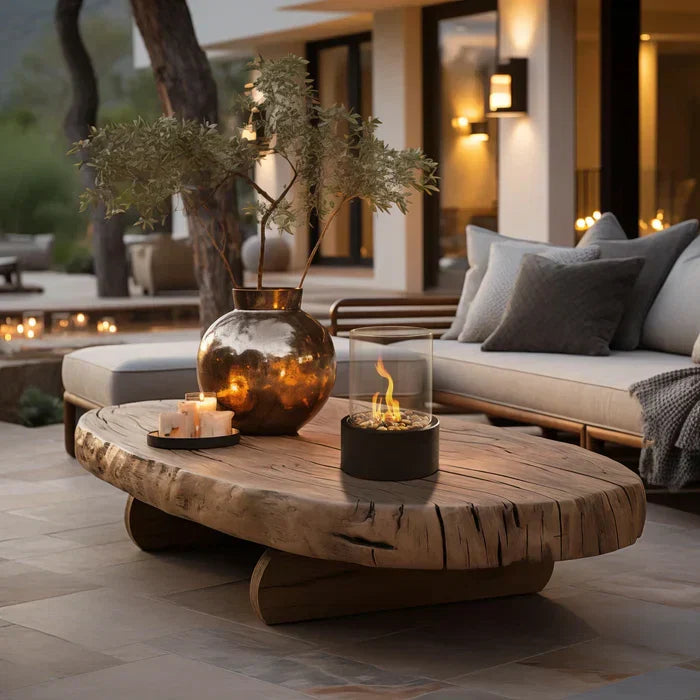 Compact table fire lantern, elegant glass and steel for modern indoor/outdoor decor.