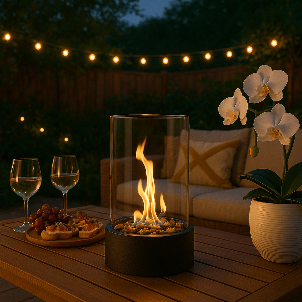 Modern portable bioethanol fireplace with glass casing, tabletop design, smokeless indoor heater for contemporary home decor.