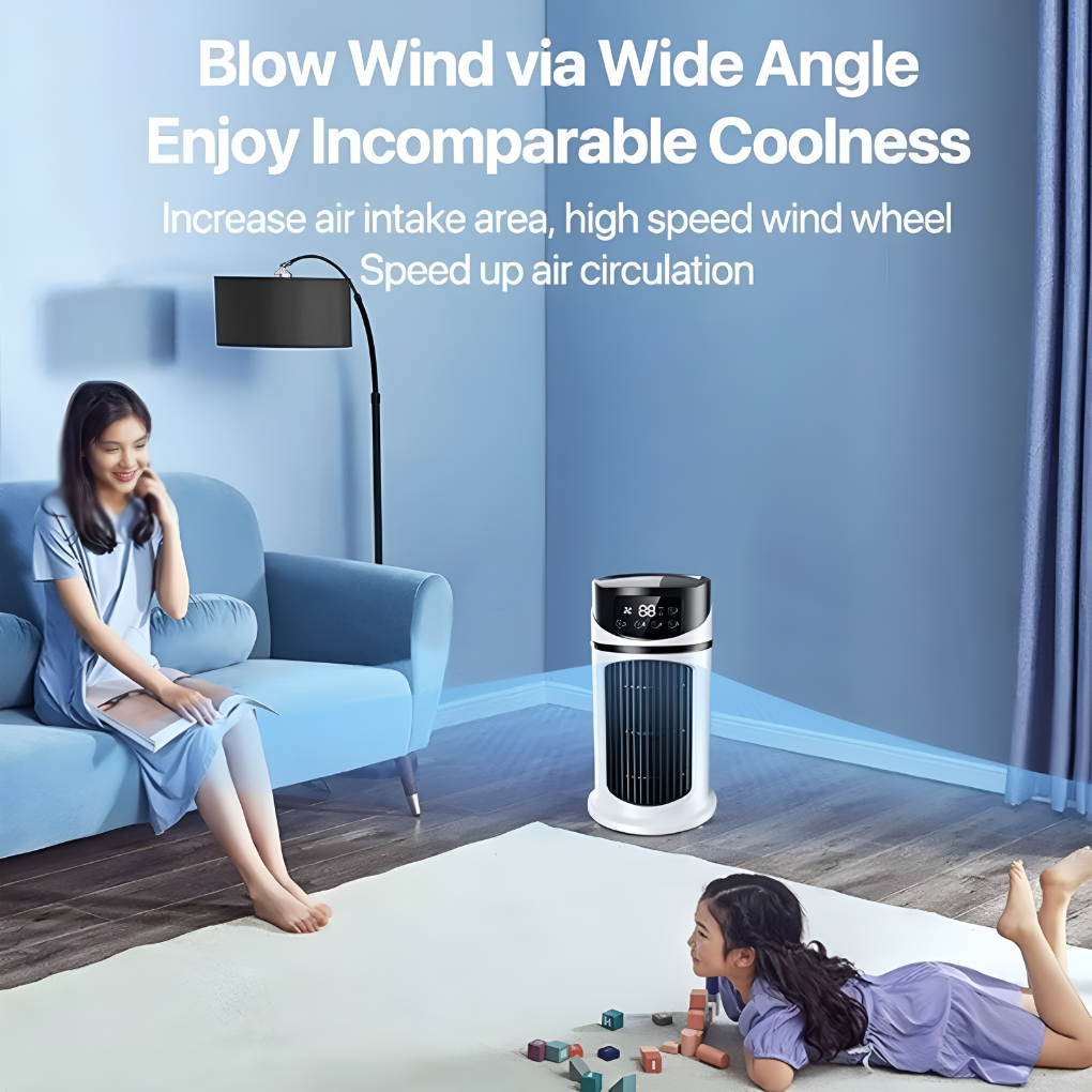 Slim tower-style portable air conditioner with clear digital display. Compact AC unit for personal space cooling.