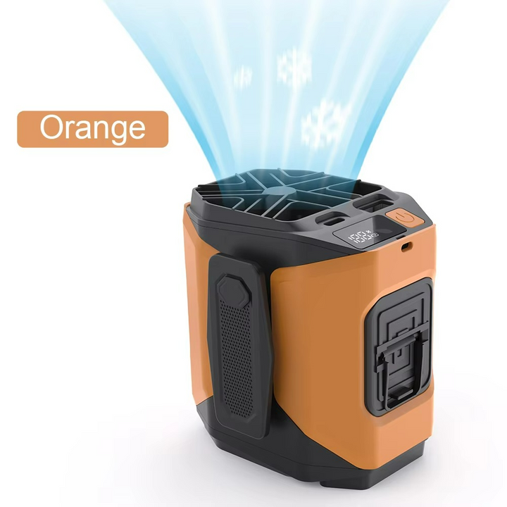 Unisex portable waist fan with hands-free cooling, power bank, and LED light for outdoor activities.