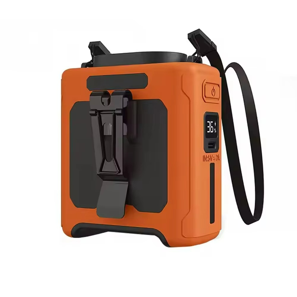 Rechargeable waist fan, power bank & LED light, perfect for hiking, camping, and outdoor gear.