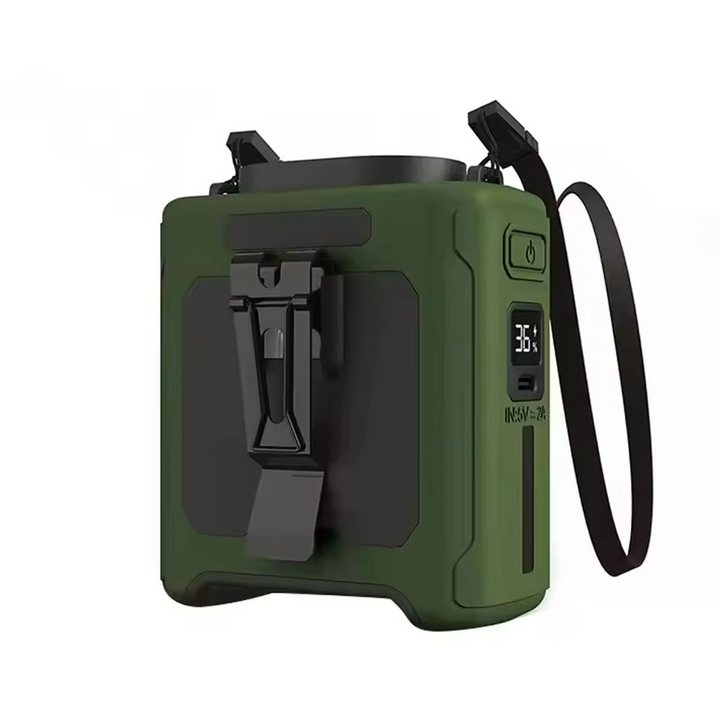 Hands-free personal waist fan with integrated power bank and bright LED flashlight for travel.