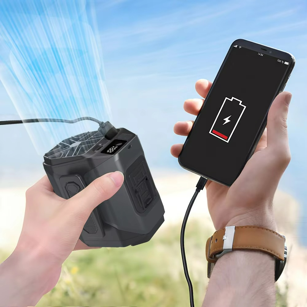 Rechargeable hands-free waist fan offering personal cooling, a power bank, and an LED light.