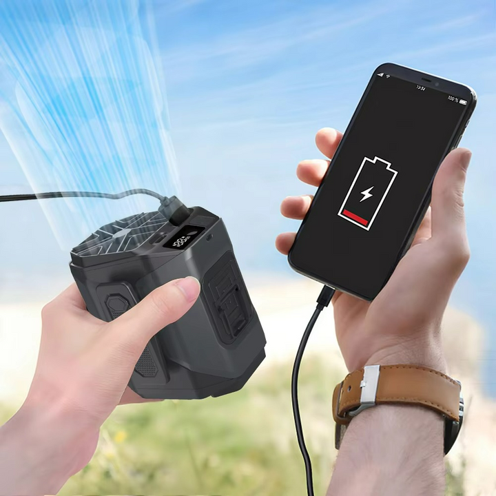 Rechargeable hands-free waist fan offering personal cooling, a power bank, and an LED light.