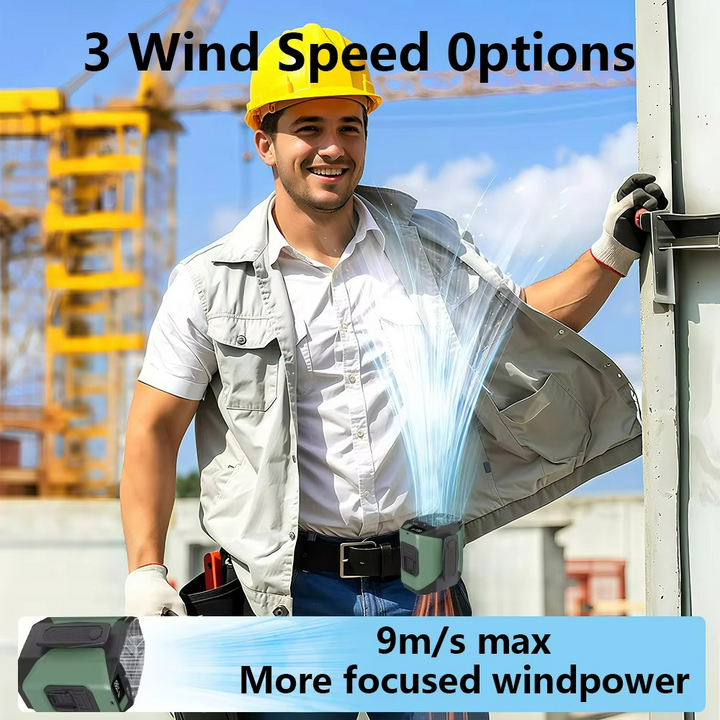 Mini portable waist fan with hands-free cooling, built-in power bank, and bright LED light.