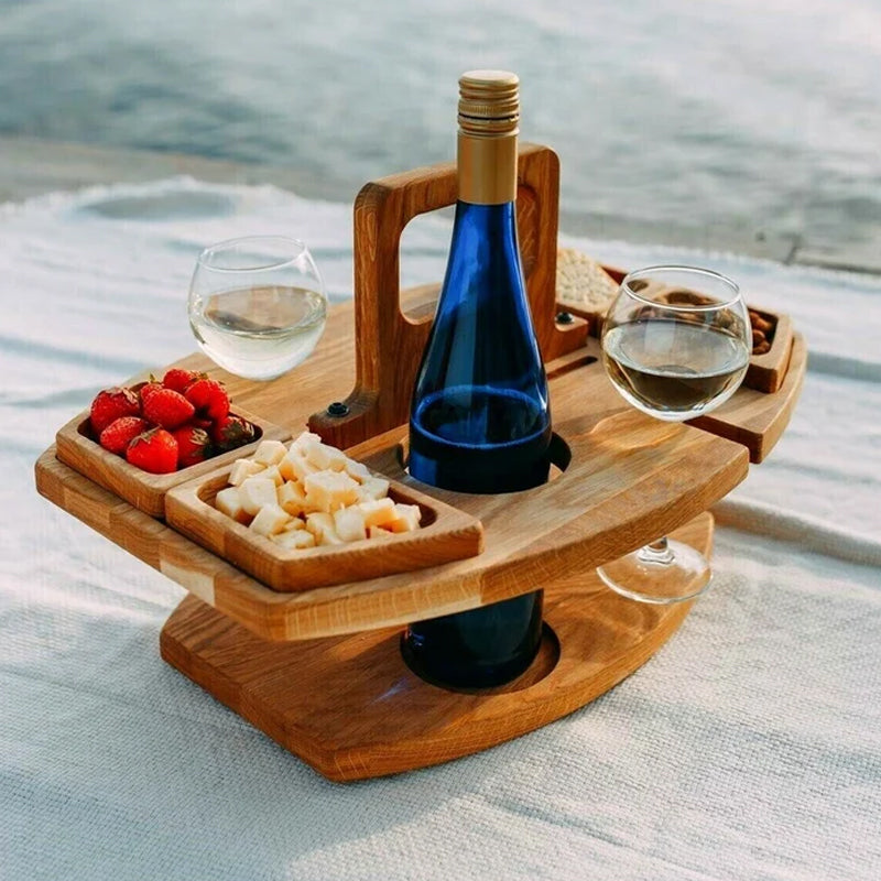 Portable wooden picnic wine table for outdoor events, foldable and easy to carry.
